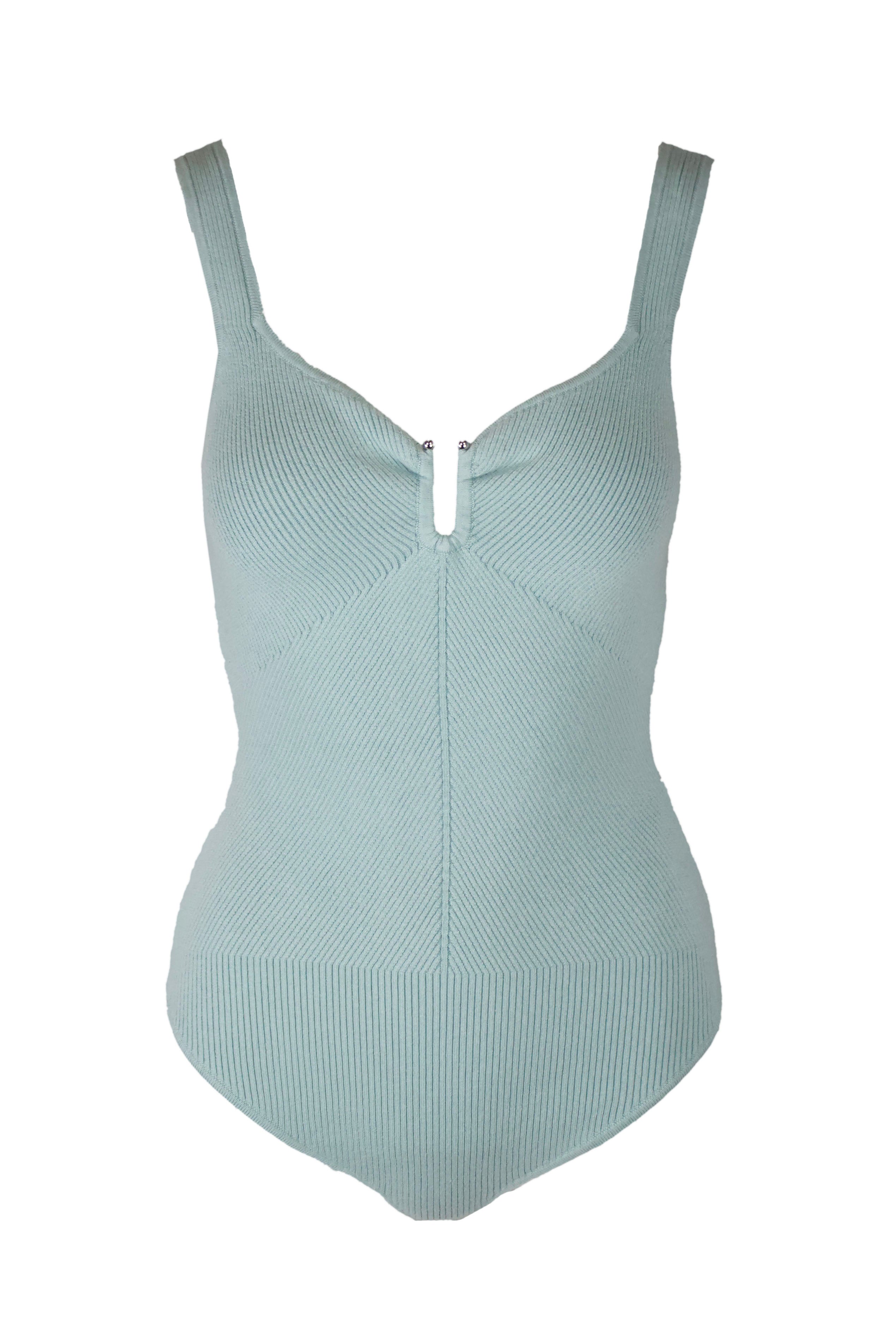 front of abercrombie & fitch turquoise sleeveless ribbed bodysuit. features wide straps, v neckline with silver toned metal detail, snap button closure at bottom, and open back. 