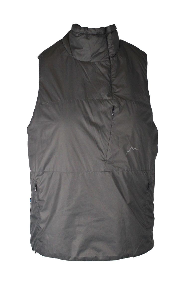 front of cayl silver primaloft insulated vest. features high neckline, zipper at front and left side, embossed mountain graphic at left bust, zip pockets at waist, and adjustable elastic at rear neck and hem. 