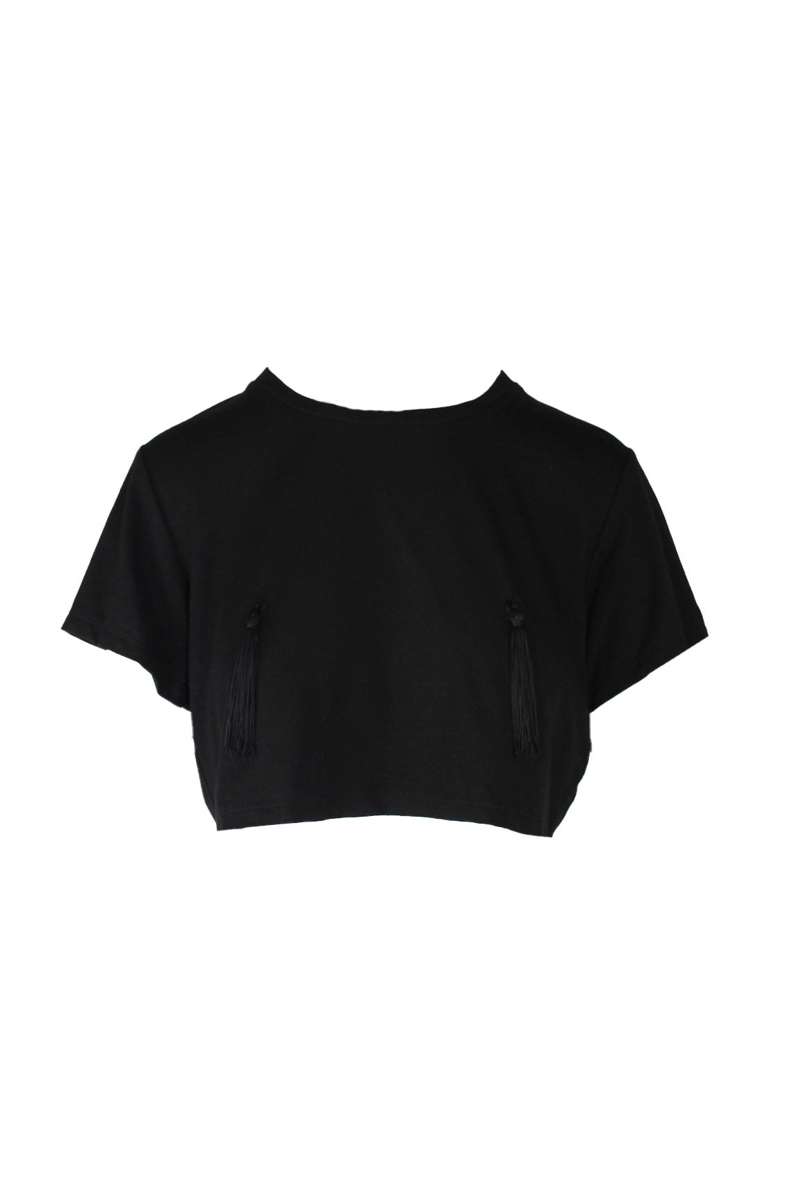 front of reformation black short sleeve crop top. features crew neckline, tassel detail at bust, double finished stitching, and pull on style. 