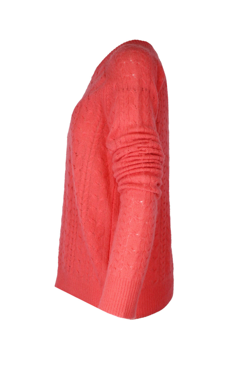 side view sies marjan coral long sleeve sweater. features cable knit design, crew neckline, ribbed trim, internal sleeveless cream lining 