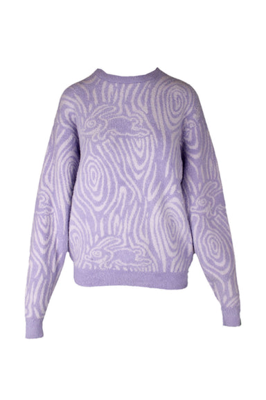 melting sadness light purple long sleeve sweater. features abstract white swirl design, crew neckline, billowing at sleeves and tapering at waist. 