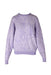 melting sadness light purple long sleeve sweater. features abstract white swirl design, crew neckline, billowing at sleeves and tapering at waist. 