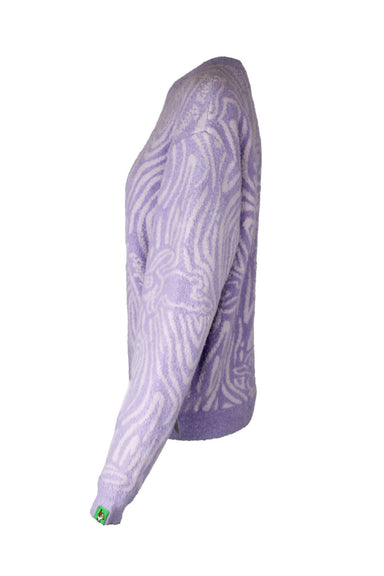 side view melting sadness light purple long sleeve sweater. features abstract white swirl design, crew neckline, billowing at sleeves and tapering at waist. 