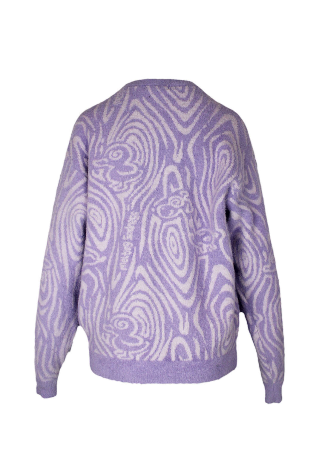 back view melting sadness light purple long sleeve sweater. features abstract white swirl design, crew neckline, billowing at sleeves and tapering at waist. 