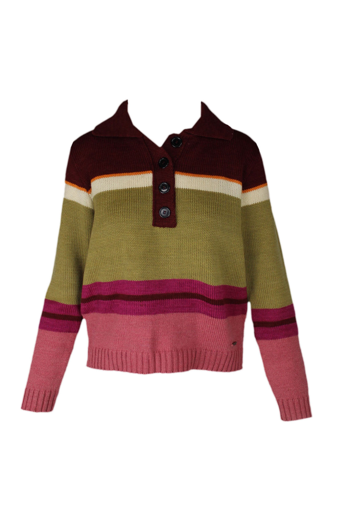 front of mandinga multicolor long sleeve cotton sweater. features spread collar, striped design, ribbed trim, button closure at neckline, embroidered gold-tone brand plate at left bottom. 