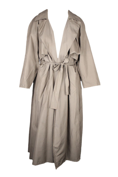 description: vintage donna karan taupe gray silk trench coat. features tie closure belt at waist, removable wool lining, collar, and two slit pockets at sides.