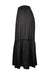side view of kobi halperin black a-line skirt. features elastic waist, stitched ruched detail with pleats at knee. 