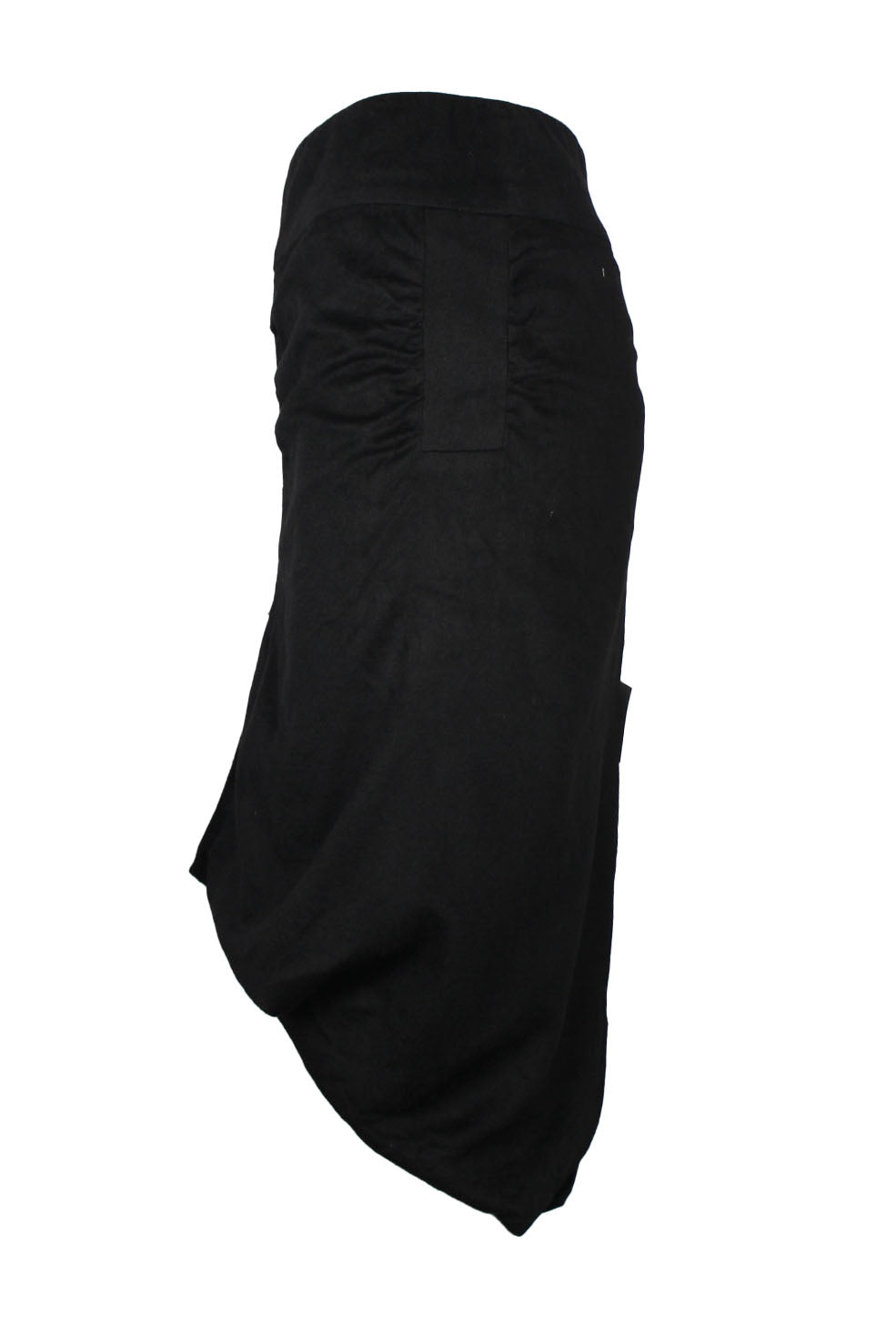 loewe black high-low skirt. features panel design with wrap detail, open slits at front and back, zipper closure at center back and fitted waist skirt. 