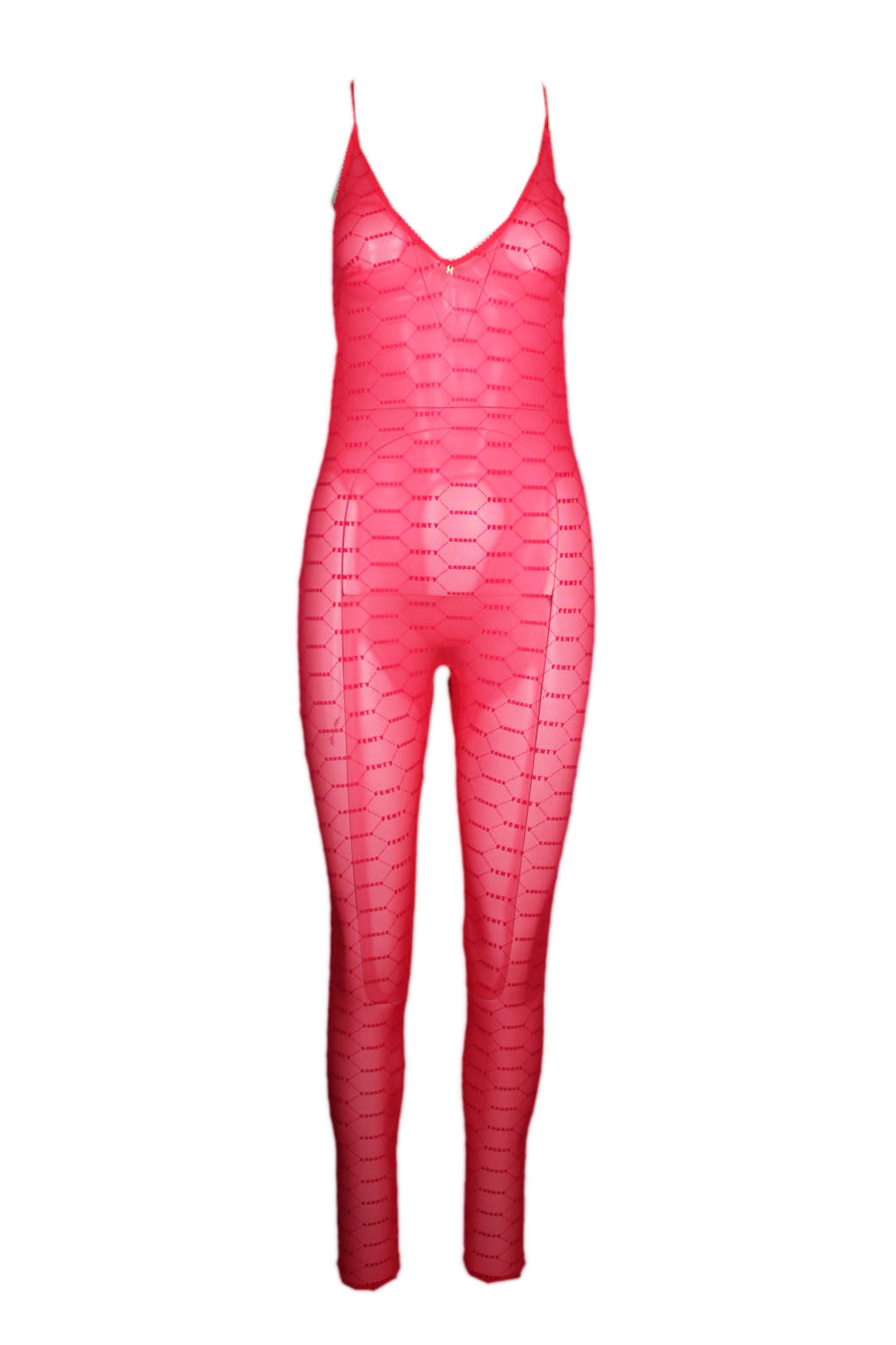 front of savage x fenty red sheer branded crotchless bodysuit. no closure, pull-over style. deep v neckline. adjustable straps. low cut back. fitted skinny silhouette. sheer stretch material branded "savage fenty". open slit at crotch. 