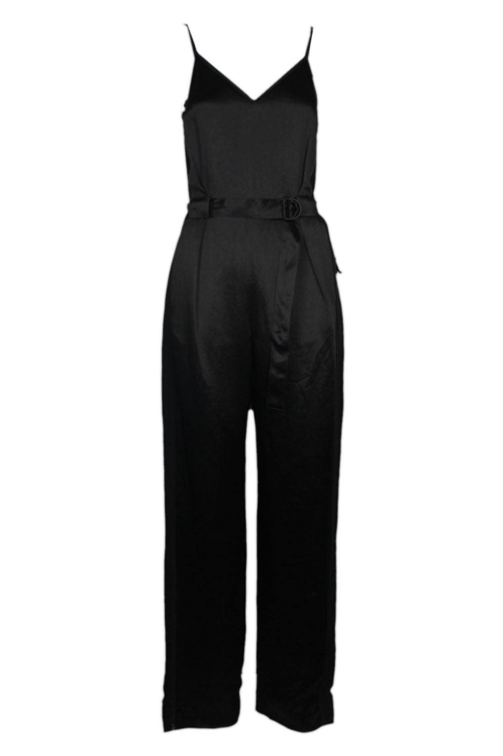 rag and bone black satin jumpsuit. features sleeveless top design, side zipper, side panel design with matte finish, adjustable waist belt, front and back pockets