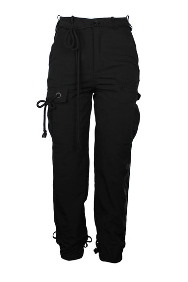 front of hyein seo black cargo pants. zipper/button front closure. decorative shoestring belt woven through belt loops at waist. cargo pockets at side and flap pockets at back. belt loops ta ankles for a cinched look. sold in "as is" condition for missing ankle strap (see photos).