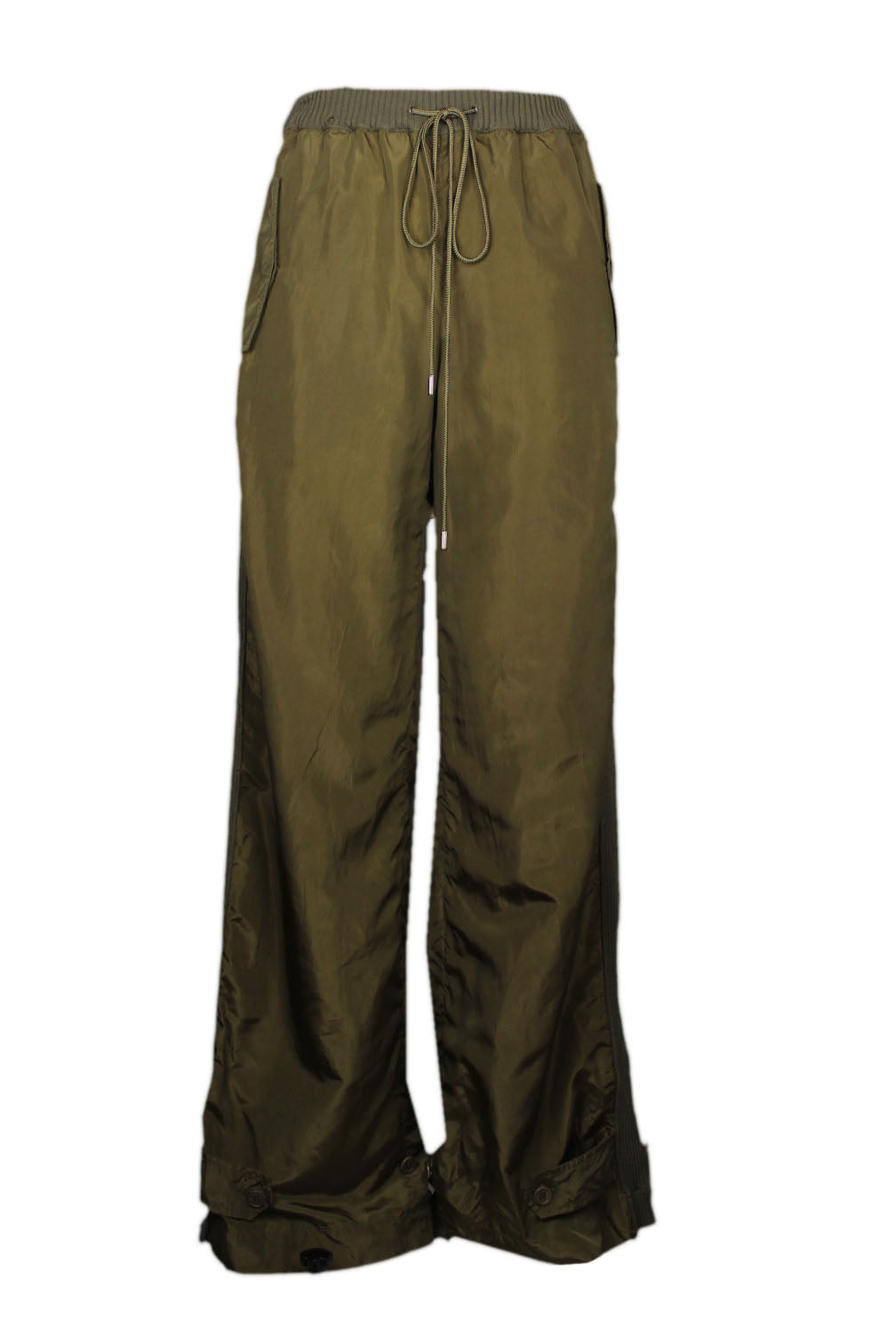 front of alberta ferretti olive green tech slouchy pants. drawstring adjustable waist. pockets at sides. slouchy long legs. 