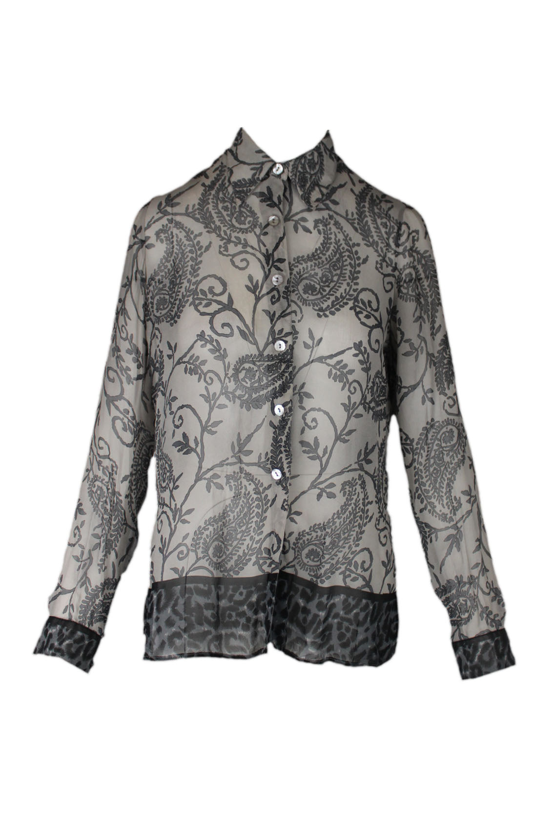 front of tess gray silk long sleeve button up. features paisley design throughout, leopard print at hem/cuffs, spread collar, slit at sides, and button closure. 