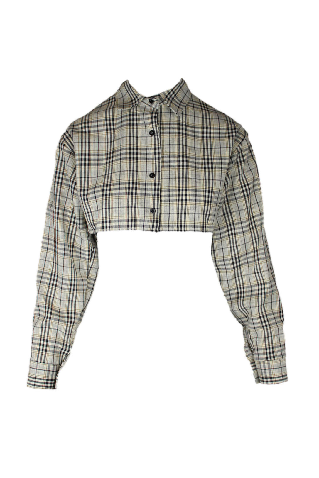 front of unlabeled beige long sleeve crop top. features spread collar, plaid pattern throughout, button at cuffs, and button closure at front. 