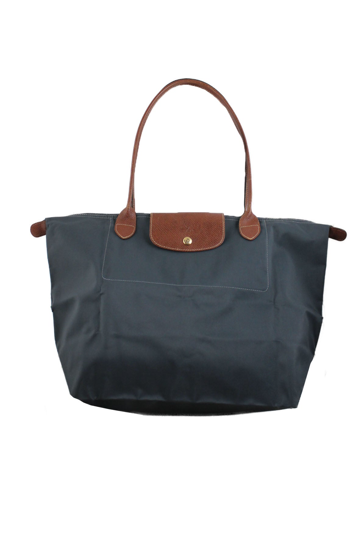 front of longchamp grey medium size foldable nylon shoulder tote. featuring brown tone leather top handles and flap closure. top zippered closure with branded zipper pull. 