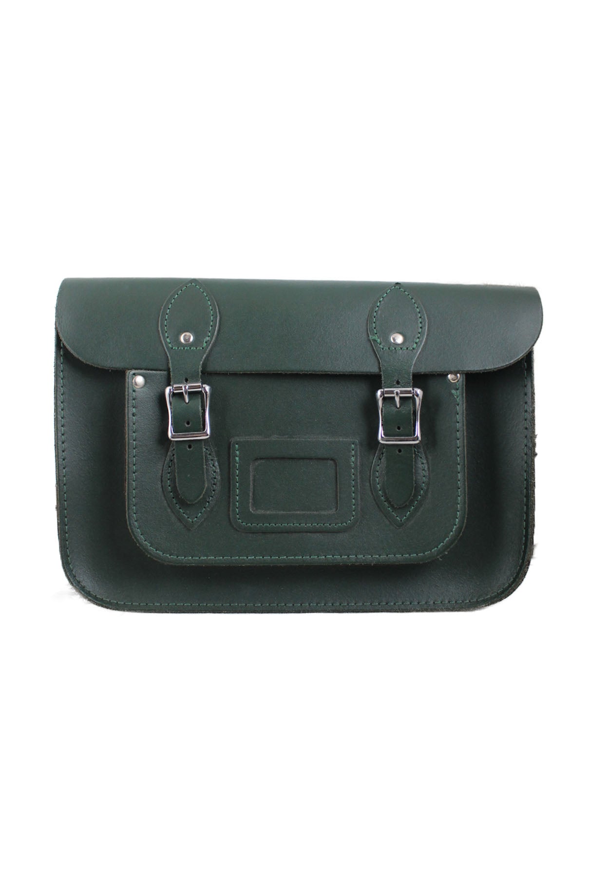 front of the leather satchel co. dark green leather crossbody bag. flap with double buckle closure. front pocket. adjustable shoulder strap.