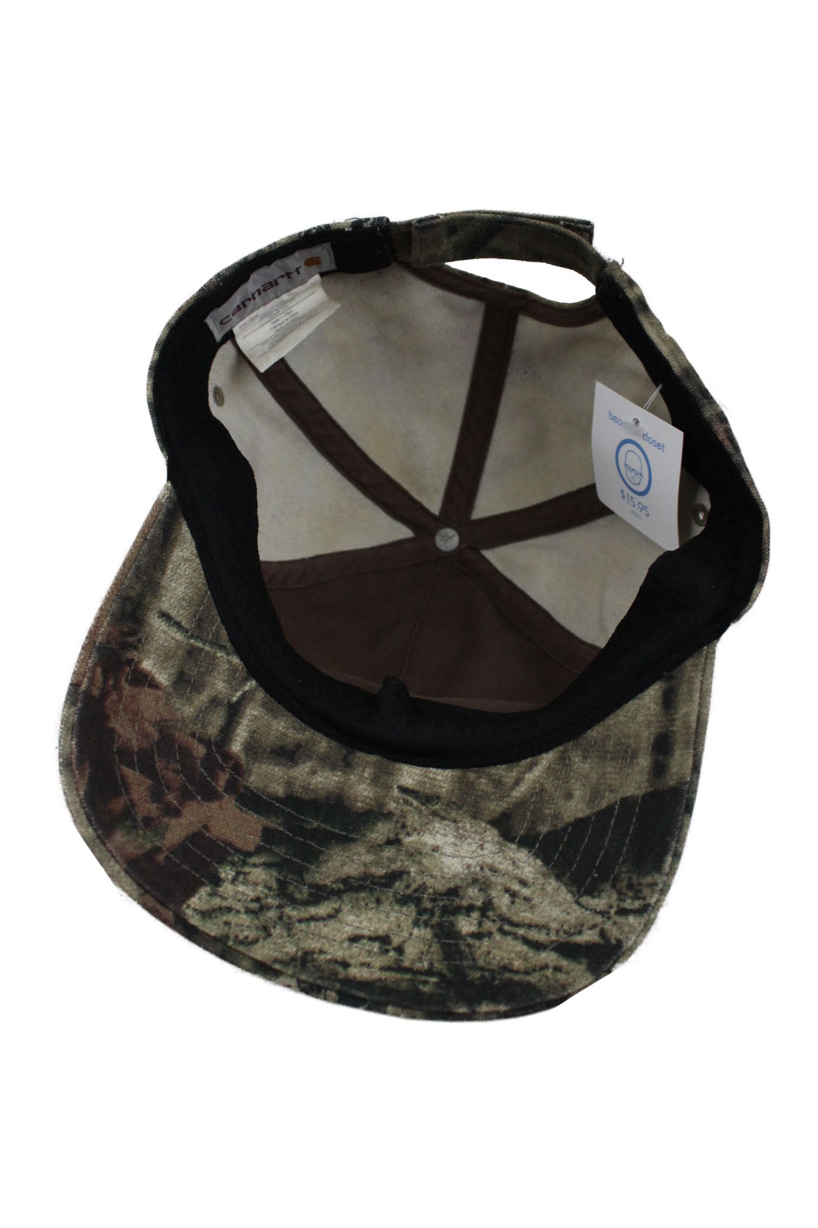 underside view with 'carhartt' logo tag of hat.
