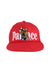 front view of palace red ‘howdy’ cotton six panel hat. features ‘palace’ logo graphic embroidered at front, ‘p’ logo embroidered at left side, ‘palace’ logo embroidered at back with adjustable snapback closure.