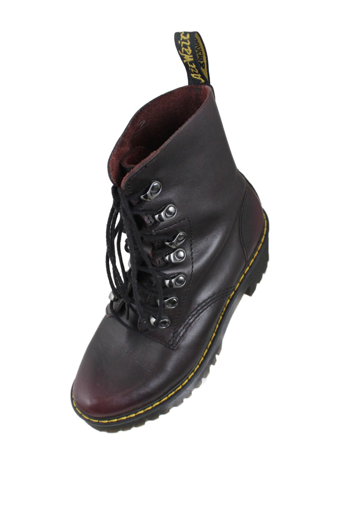 above angle of boots with lace up closure. 