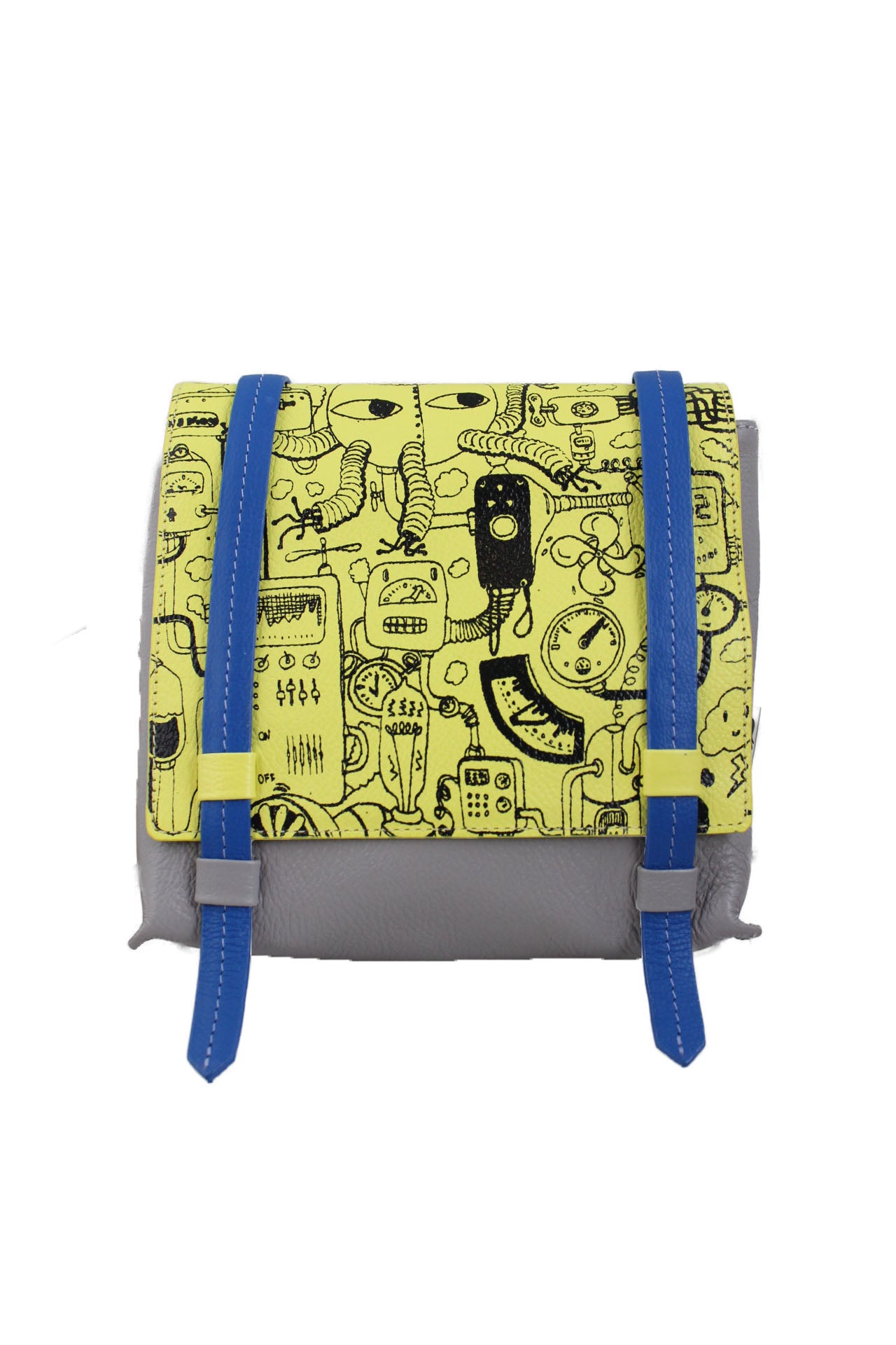 front of min & mon gray and yellow mini messenger bag. features robots print at folded top, adjustable/detachable leather strap, pockets at interior, and patch pocket at back.