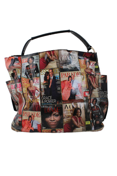 front of  unlabeled multicolor magazine cover shoulder bag. features magazine cover collage throughout, gold toned hardware, single strap, and snap button closure. 