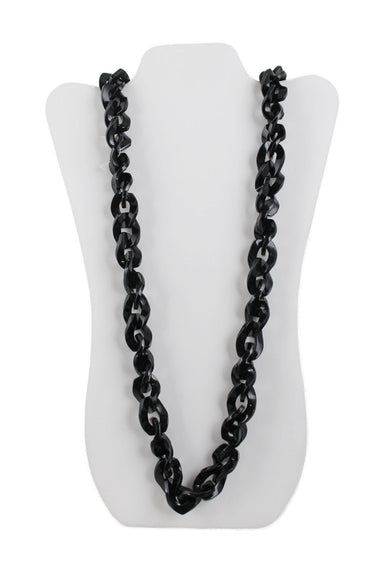 front of  erickson beamon black chunky chain necklace. features chain link design, silver toned metal rings, and lobster-clasp fastening.