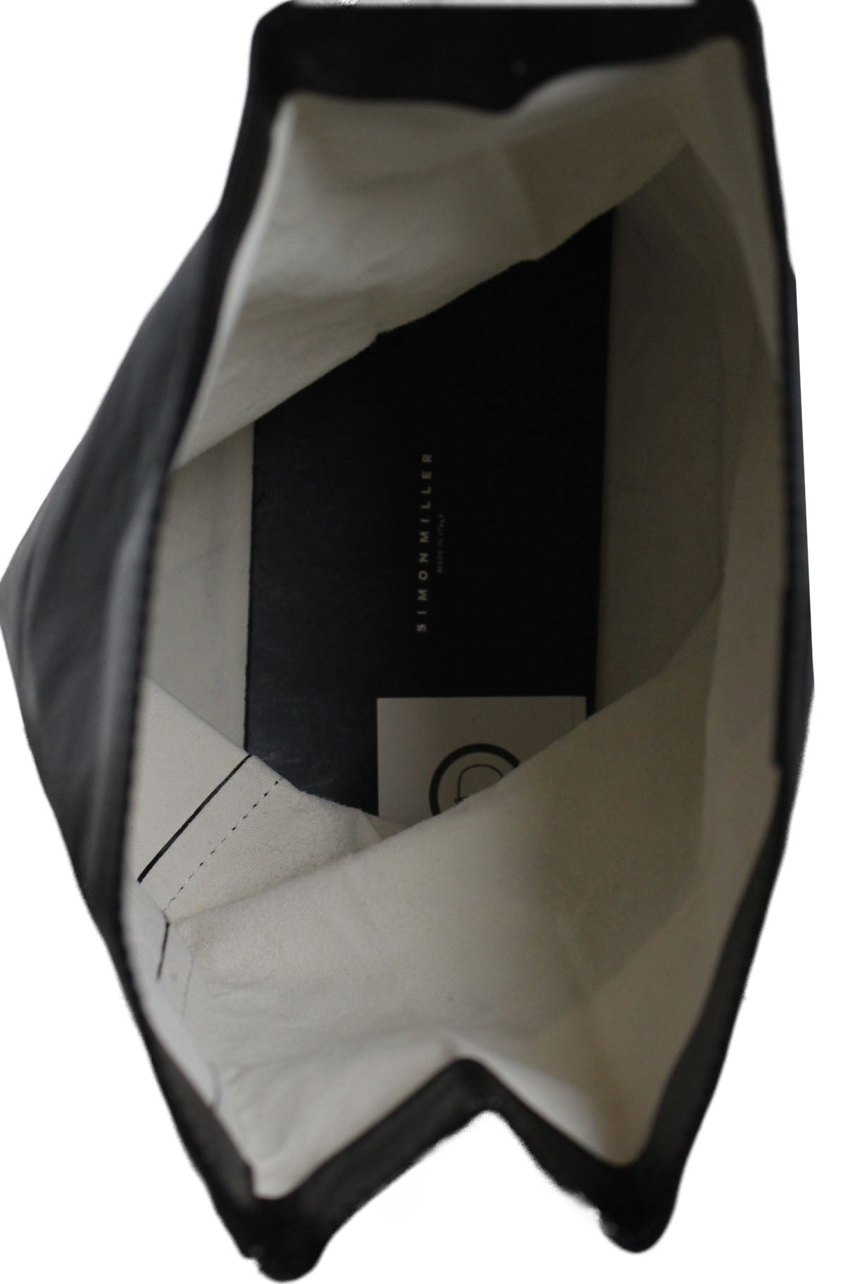 above angle of bag showing fully lined interior. 