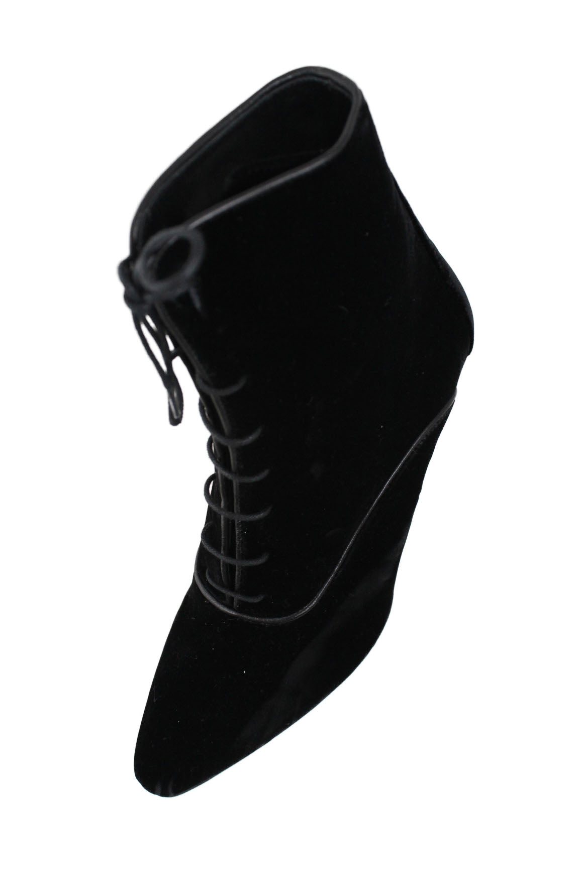above angle of boots with lace up closure. 