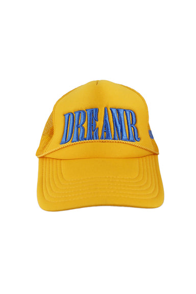 front view of wavydreamr yellow trucker hat. features ‘dreamr’ logo embroidered at front, ‘xo wavy’ embroidered at left side and adjustable snapback closure.