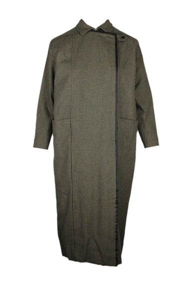 front of christian dior 'modele exportation' green plaid maxi coat. features spread collar, black leather trim, patch pockets at waist, 3/4 sleeves with button at cuffs, and button closure.