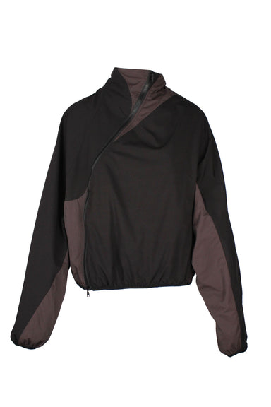 front of post archive faction black and purple jacket. features high neckline, asymmetrical design, elastic at cuffs/hem, single zip pocket at left side, and zip closure.