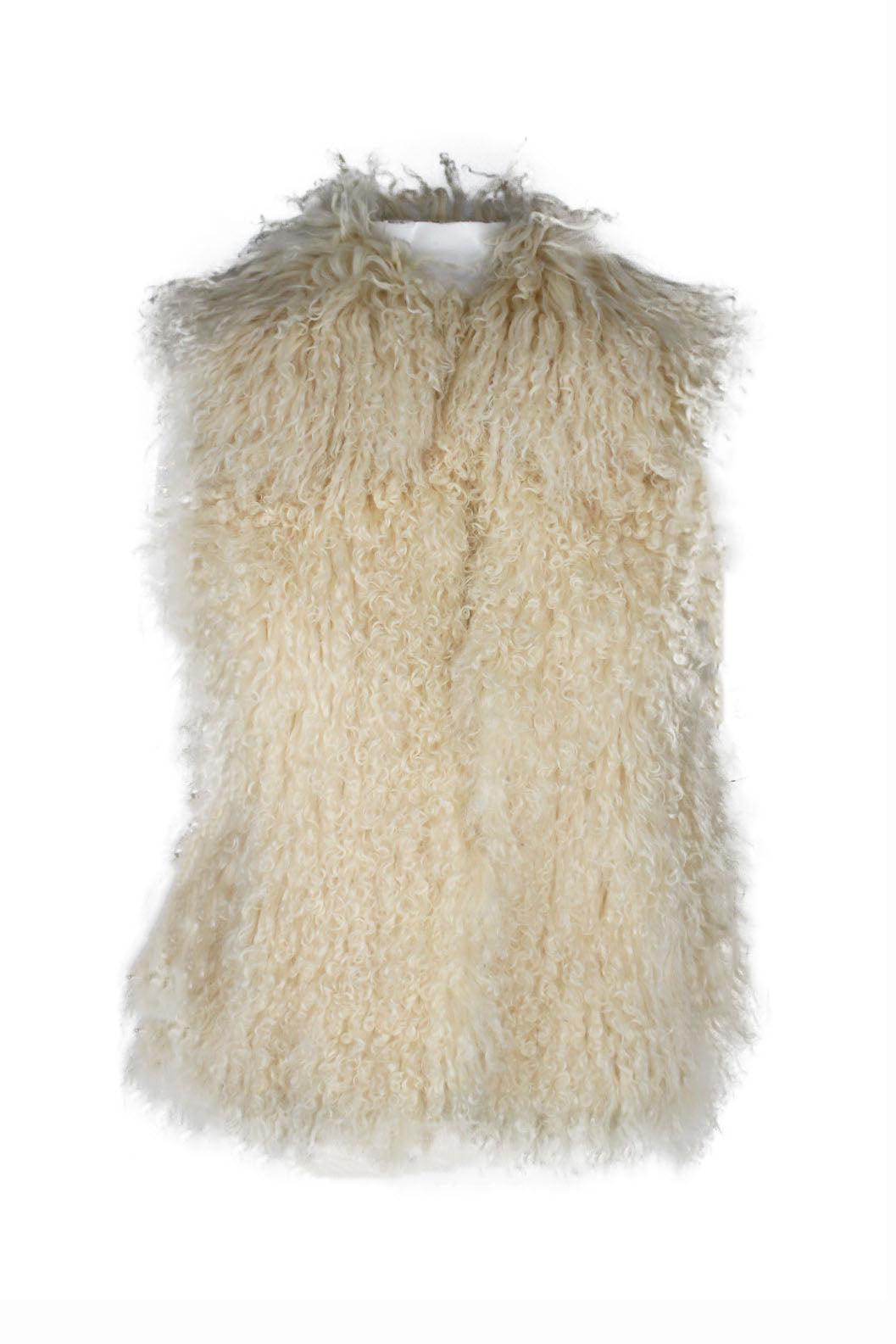 description: avanti beige mongolian fur vest. features single hook closure at center front, longer fur at collar, and two slit pockets at sides. 