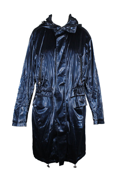 front of  michael kors dark blue metallic long sleeve rain coat. features high neck, adjustable hoodie, elastic at waist, zip pockets at bust, flap pockets at bottom, zip and button closure. 
