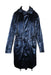 front of  michael kors dark blue metallic long sleeve rain coat. features high neck, adjustable hoodie, elastic at waist, zip pockets at bust, flap pockets at bottom, zip and button closure. 