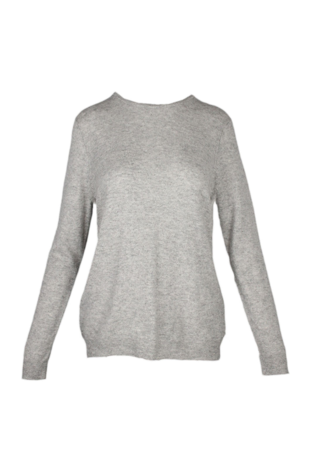 front of  charter club grey cashmere sweater. 100% cashmere. crew collar. pullover, no closure. ribbed hemline and sleeve cuffs. 