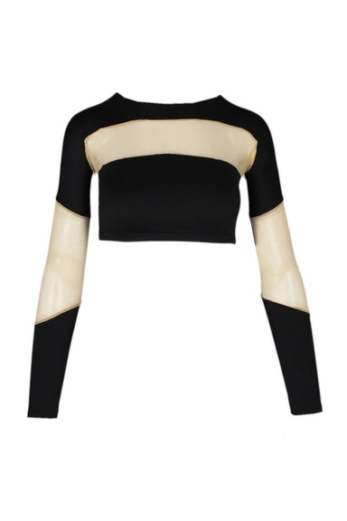front of natalie dance wear black and beige long sleeve crop top. features rounded neckline, mesh striped details, elastic at hem, and pull on style. 