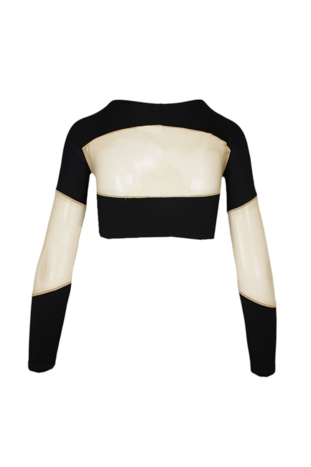 back of crop top with mesh detail in beige. 