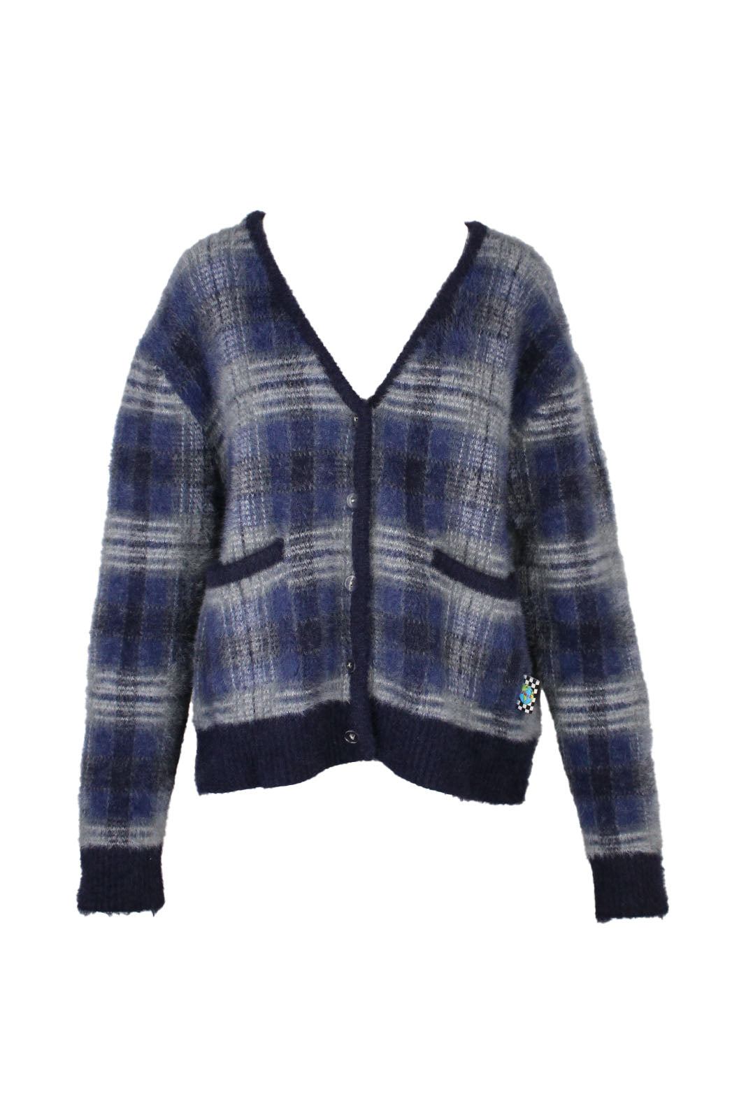 front of unif blue long sleeve fuzzy cardigan. features plaid pattern throughout, v-neckline, ribbed trim, patch pockets at waist, and button closure. 