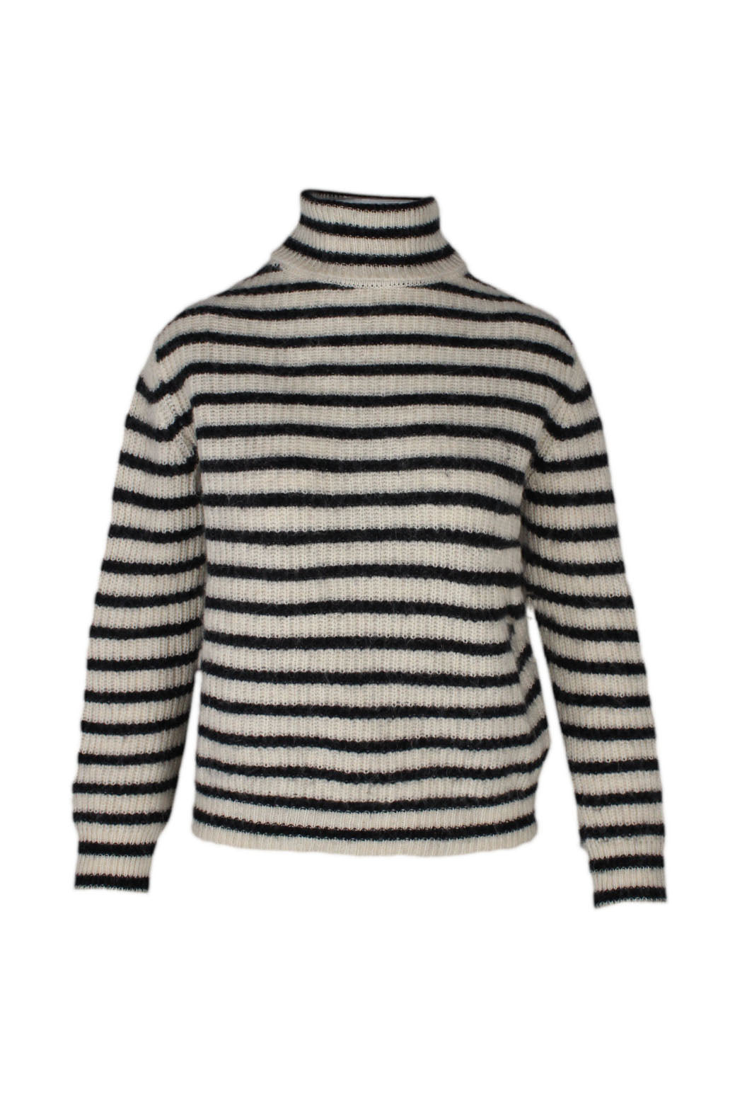 description: iro wool black and white striped long sleeve sweater. features turtle neck, loose fit, and straight bottom hem. 