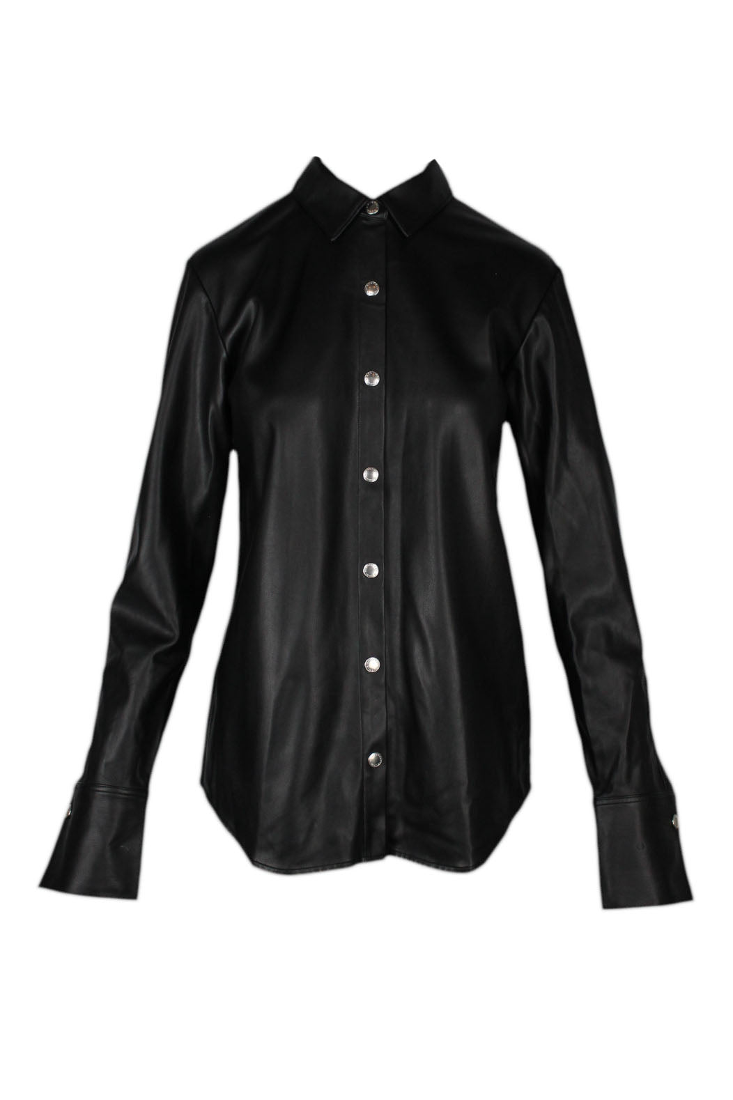 description: alexanderwang.t black long sleeve faux-leather shirt. features collar, pressure fastener closure at center front, cuffed long sleeves, and fitted st