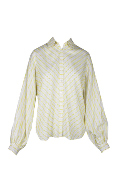description: johna stone white and yellow stripped long sleeve shirt. features peter pan collar. button down closure at center front, loose fit, balloon cuffed sleeves, and textured yellow geometric pattern. 