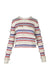 front of english factory off white long sleeve sweater. features striped design in red/blue, fringes detail throughout, ribbed trim, crew neckline, and pull on style. 