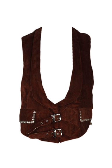 front of alix of bohemia brown corduroy vest. features shawl lapels, silver toned metal details, flap pockets at waist, eyelet design at back, and buckle closure at front. 