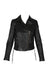 front of iro black goat leather jacket. features notched lapels, zip pockets at waist, shoulder pads, eyelet detail with drawstring at sides, zip at cuffs, snap button and zip closure.  