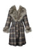 description: vintage unlabeled navy blue gray plaid wool coat. features tonal belt at waist, two slit pockets at sides, and gray fur trim at collar and sleeves. 