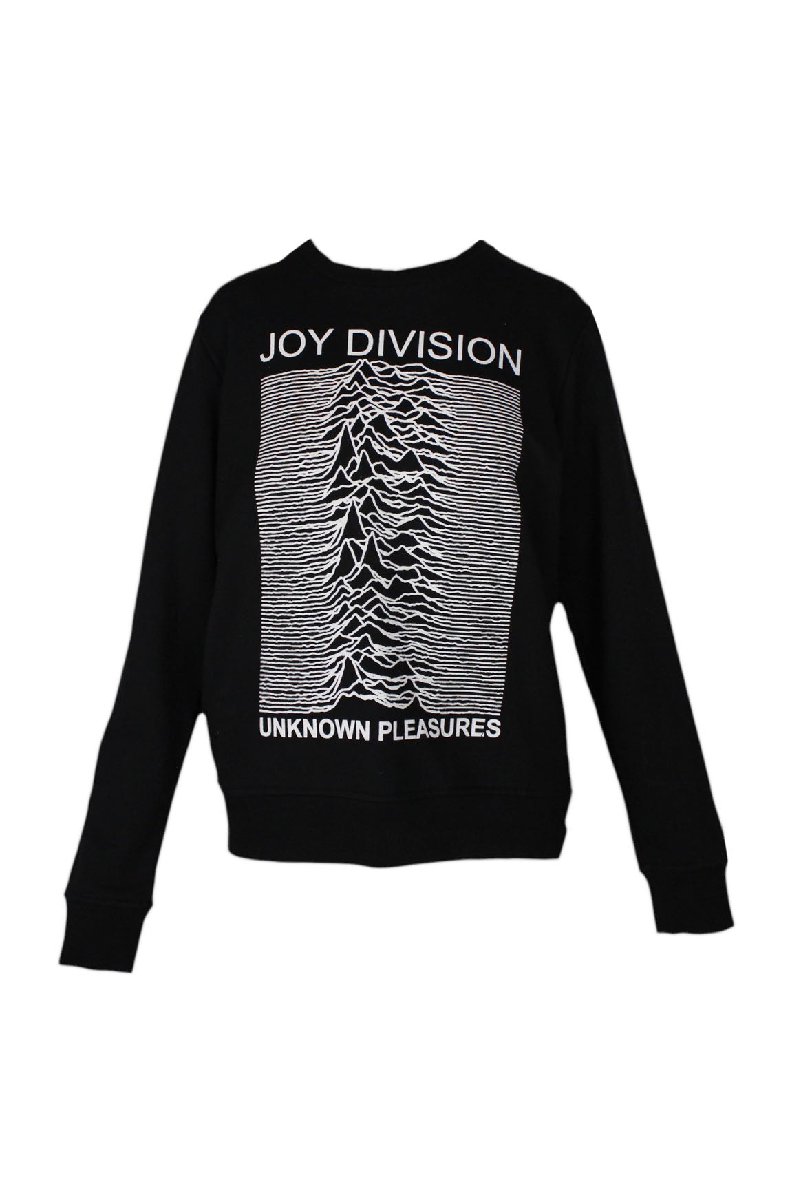 front of sandro black cotton blend long sleeve sweatshirt. features crew neckline, 'joy division unknown pleasures' print at front, ribbed trim, and pull on style; relaxed fit.