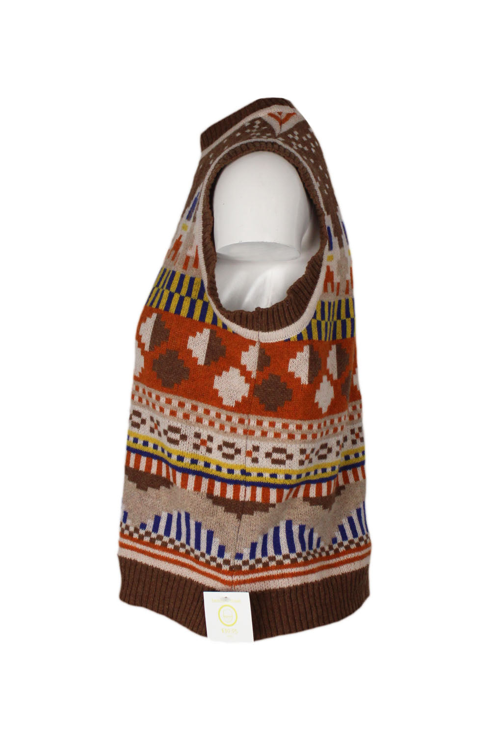 side view of henrik vibskov multi-color pattern sweater vest. features crew neckline, brown ribbed hem throughout, and multicolor geometric patterns 