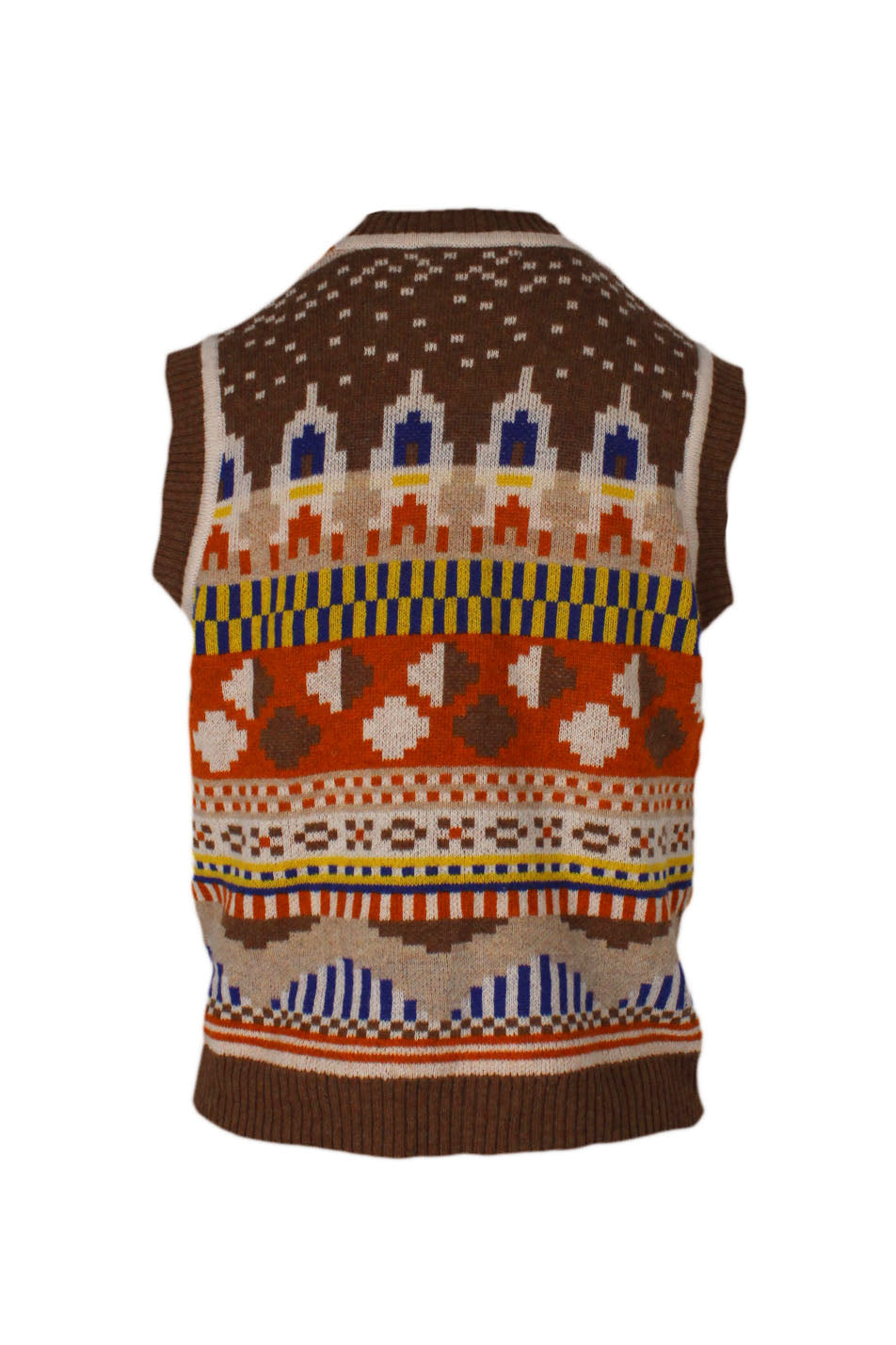 back view of henrik vibskov multi-color pattern sweater vest. features crew neckline, brown ribbed hem throughout, and multicolor geometric patterns 