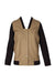 front of all saints brown varsity jacket. features v neckline, ribbed trim, pockets at waist, and snap button closure. 