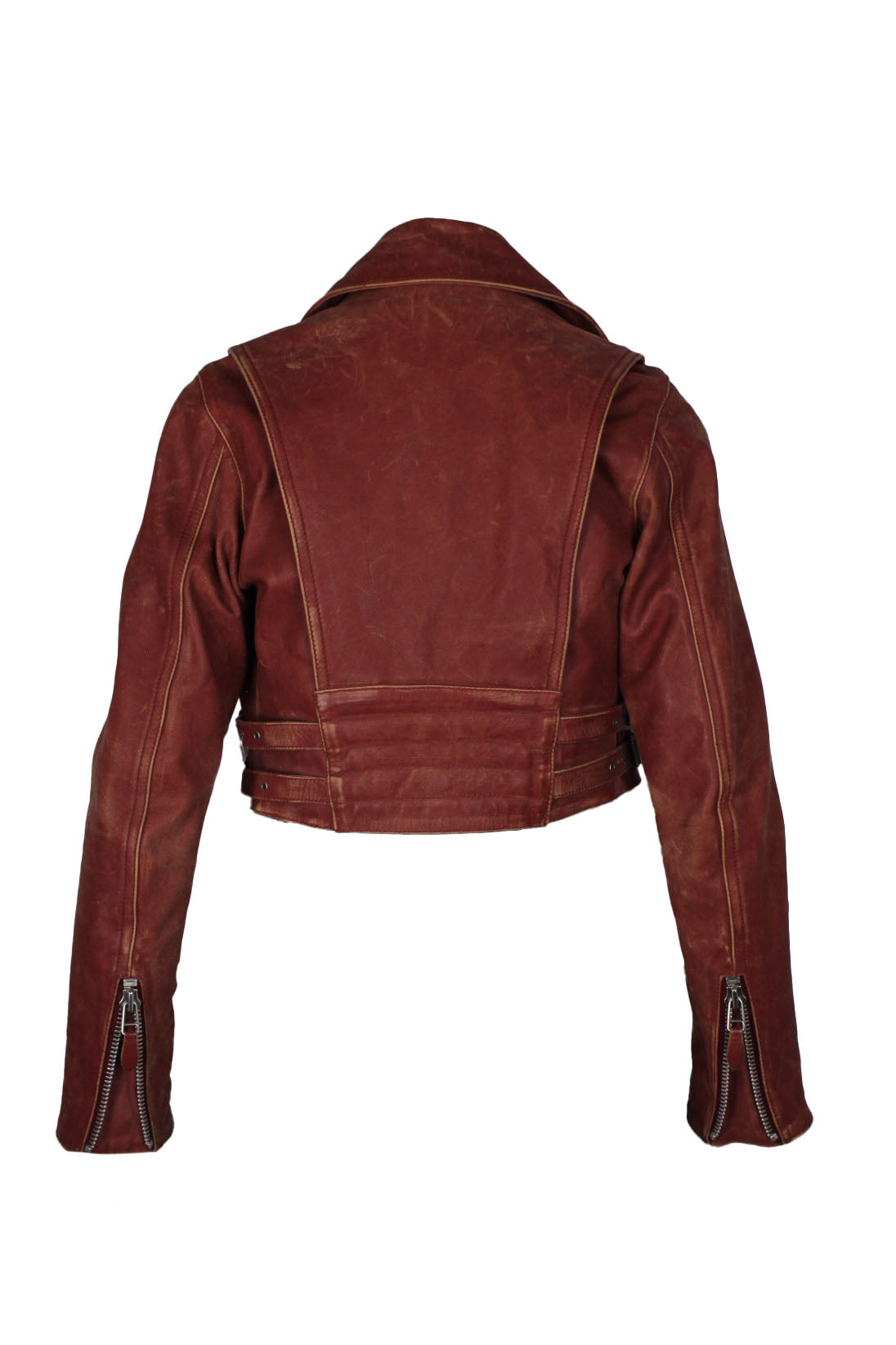 back of red leather jacket.